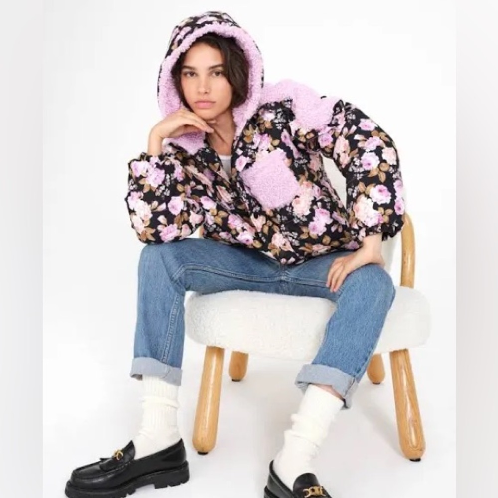 NWT For Love And Lemons Floral Puffer Jacket with Ruffle Trim & Purple Details